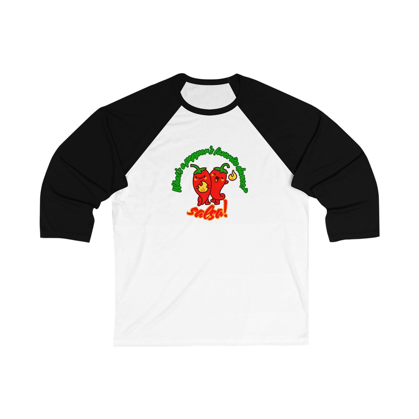 "What’s a Pepper’s Favorite Dance? Salsa!" Unisex 3/4 Sleeve Baseball Tee – Funny Dance Shirt with Cute Pepper Graphic for Dancers
