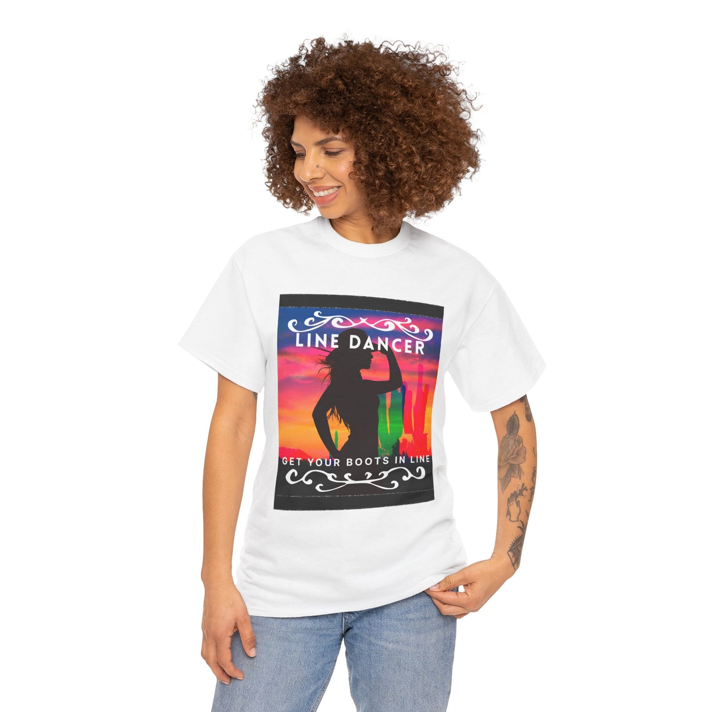 "Line Dancer" Unisex Heavy Cotton T-Shirt – Western Country Dance Graphic Tee – 'Get Your Boots in Line' Cowboy-Inspired Shirt