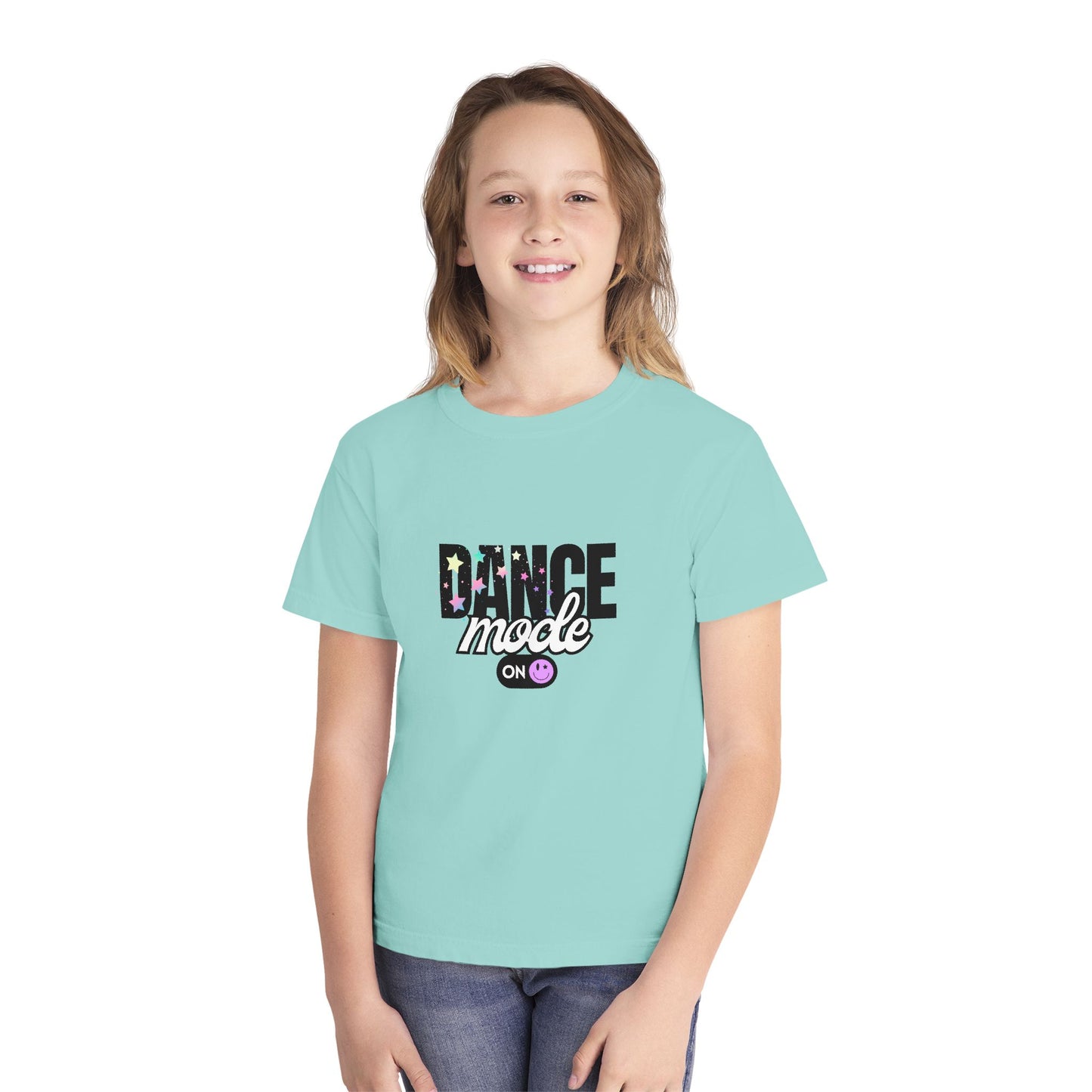 “Dance Mode On" Comfort Colors Youth Midweight  T-Shirt – Pastel Stars & Smiley Face Dance Graphic Tee for Kids
