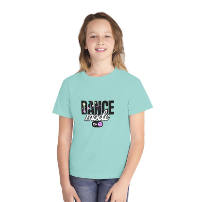 “Dance Mode On" Comfort Colors Youth Midweight  T-Shirt – Pastel Stars & Smiley Face Dance Graphic Tee for Kids