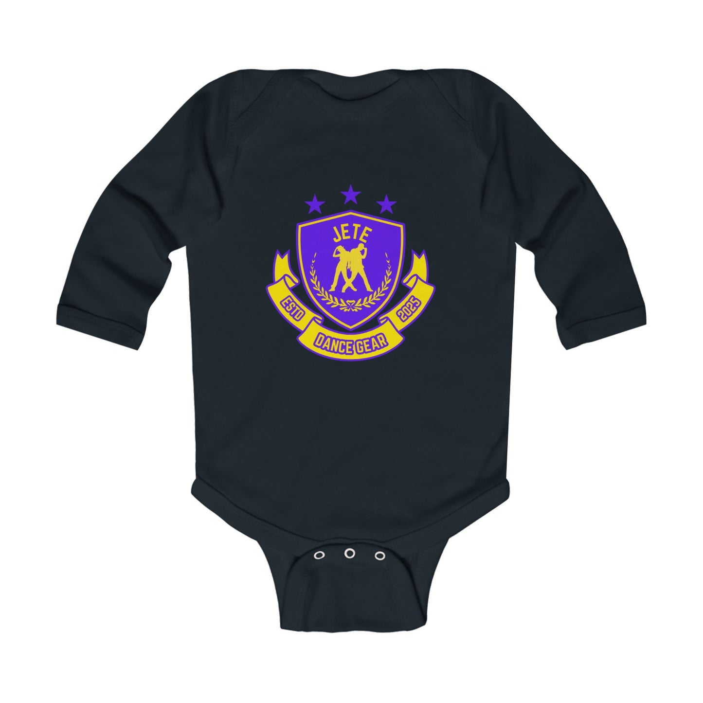 "Jeté Dance Gear" Infant Long Sleeve Bodysuit – Collegiate-Inspired Graphic Baby Dance Outfit for Jeté Shop