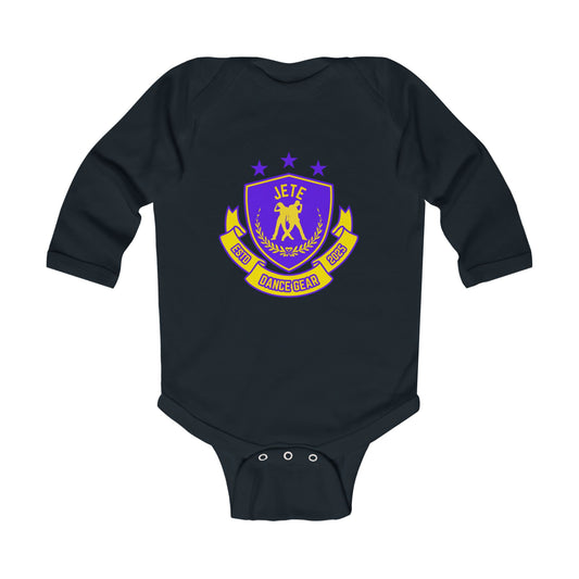 "Jeté Dance Gear" Infant Long Sleeve Bodysuit – Collegiate-Inspired Graphic Baby Dance Outfit for Jeté Shop