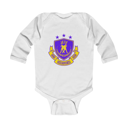 "Jeté Dance Gear" Infant Long Sleeve Bodysuit – Collegiate-Inspired Graphic Baby Dance Outfit for Jeté Shop