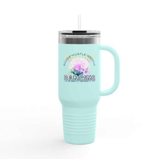 "Boogie, Hustle, Groove - Dancing" 40oz Insulated Travel Mug – Disco Dance Theme Stainless Steel Tumbler with Lid & Straw | Jeté Dance Shop