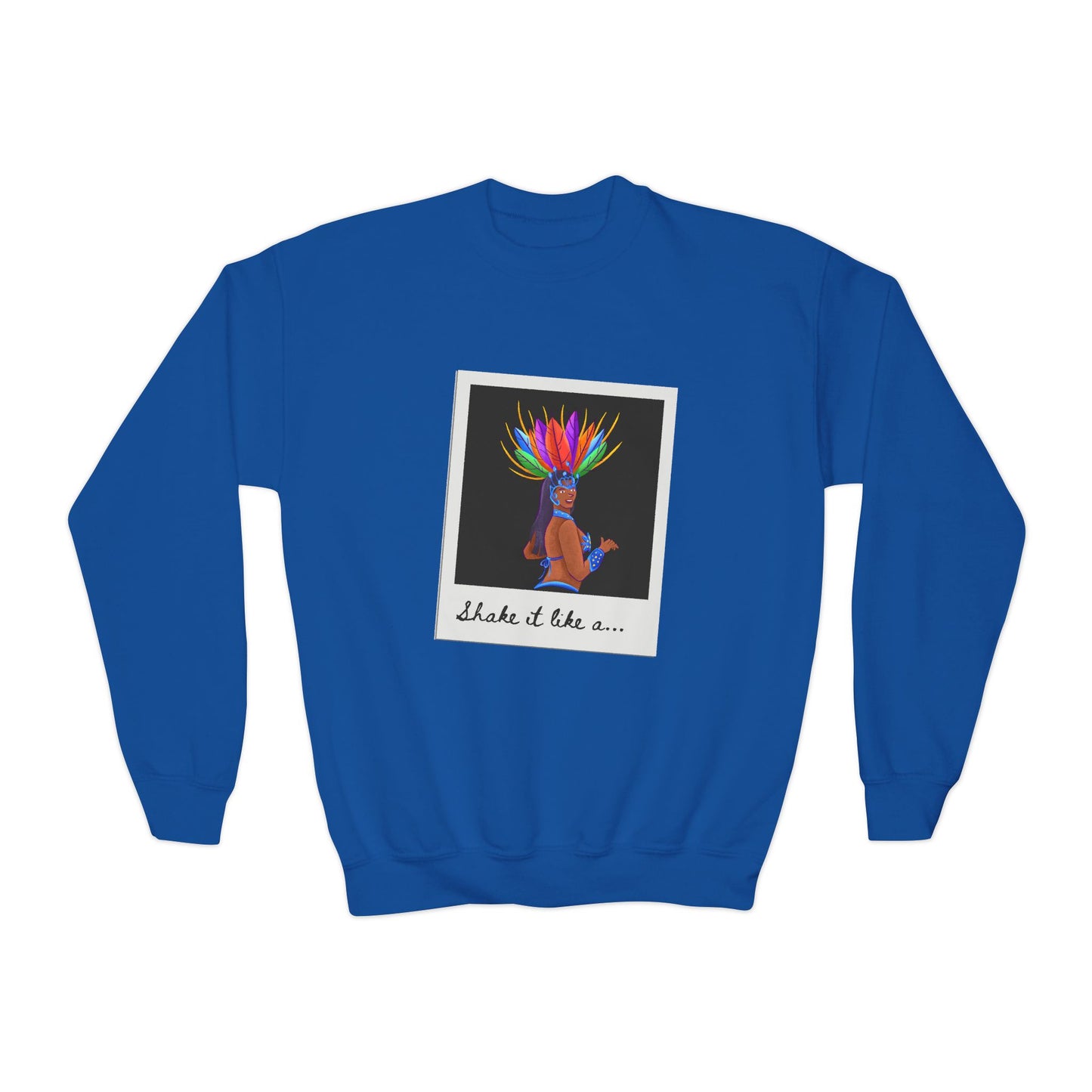 "Shake It Like a..." Youth Crewneck Sweatshirt – Carnival-Inspired Samba Dancer Graphic Pullover for Kids and Teens