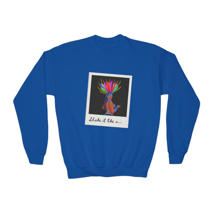 "Shake It Like a..." Youth Crewneck Sweatshirt – Carnival-Inspired Samba Dancer Graphic Pullover for Kids and Teens