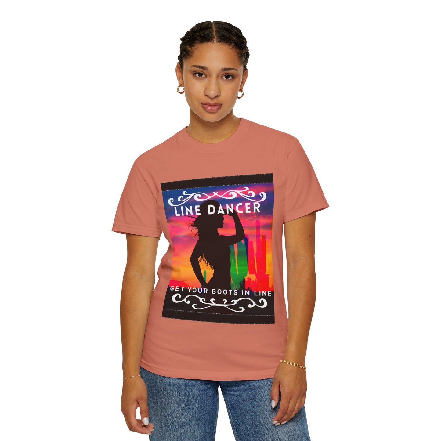 "Line Dancer" Unisex Garment-Dyed T-Shirt – Western Country Dance Graphic Tee – 'Get Your Boots in Line' Cowboy-Inspired Shirt