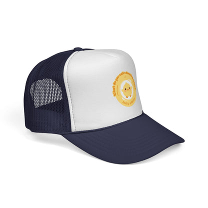 "What do you call a dancing chick? Poultry in Motion" Funny Dance Trucker Hat – Cute Chicken Graphic Unisex Cap for Dancers & Pun Lovers
