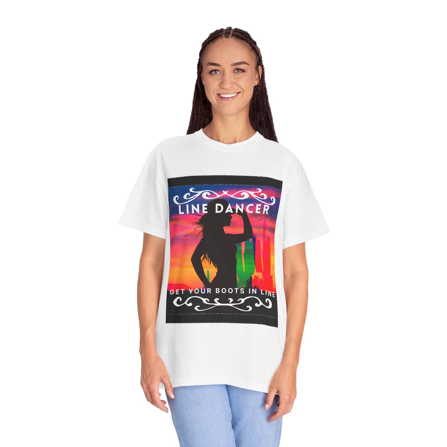 "Line Dancer" Unisex Garment-Dyed T-Shirt – Western Country Dance Graphic Tee – 'Get Your Boots in Line' Cowboy-Inspired Shirt