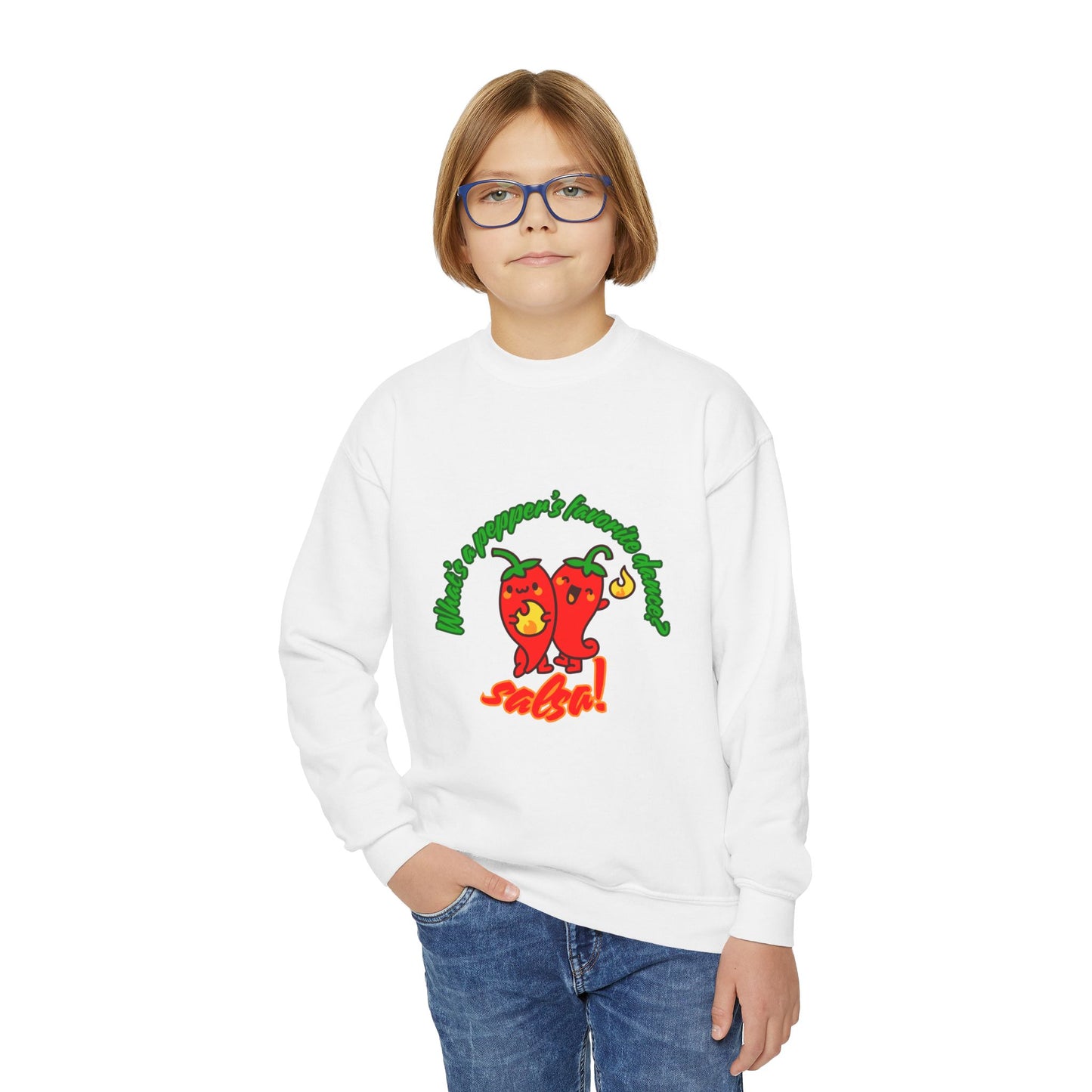 "What's a pepper's favorite dance?  Salsa!" – Funny Dance Pun Youth Crewneck Sweatshirt | Cute Pepper Graphic Kids Pullover for Dancers