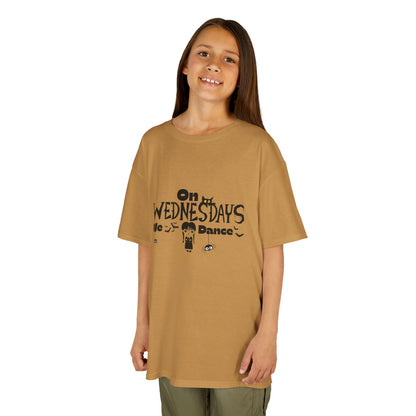 “On Wednesdays We Dance” Gothic Halloween T-Shirt with Cute Girl, Black Cat, Spiders & Bats - Kids Heavy Cotton™ Tee