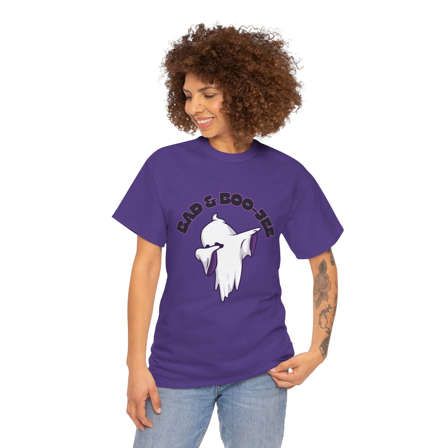 “Bad & Boo-jee” Funny Halloween Dance T-Shirt with Cute Ghost Dab Graphic - Unisex Heavy Cotton Tee