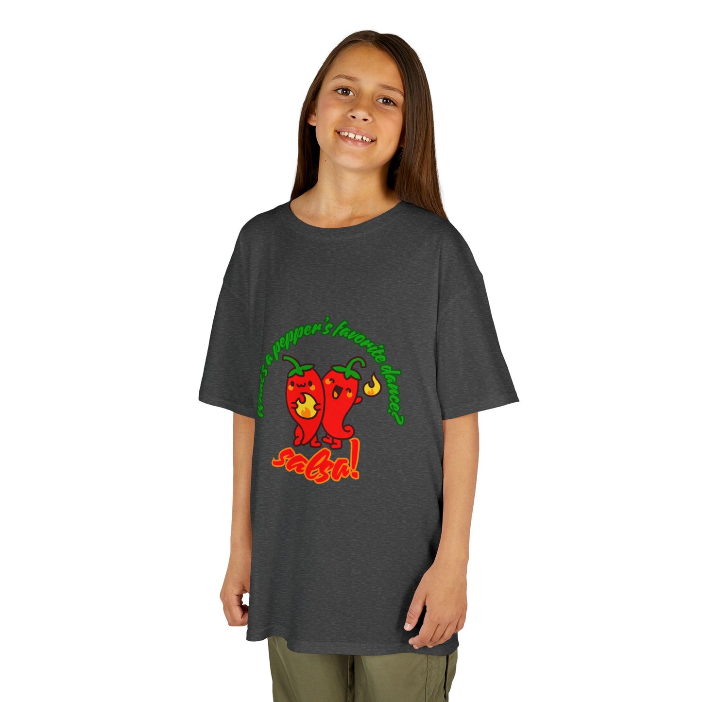 "What’s a Pepper’s Favorite Dance? Salsa!" Youth Short Sleeve Tee – Funny Dance Shirt with Cute Pepper Graphic for Kids