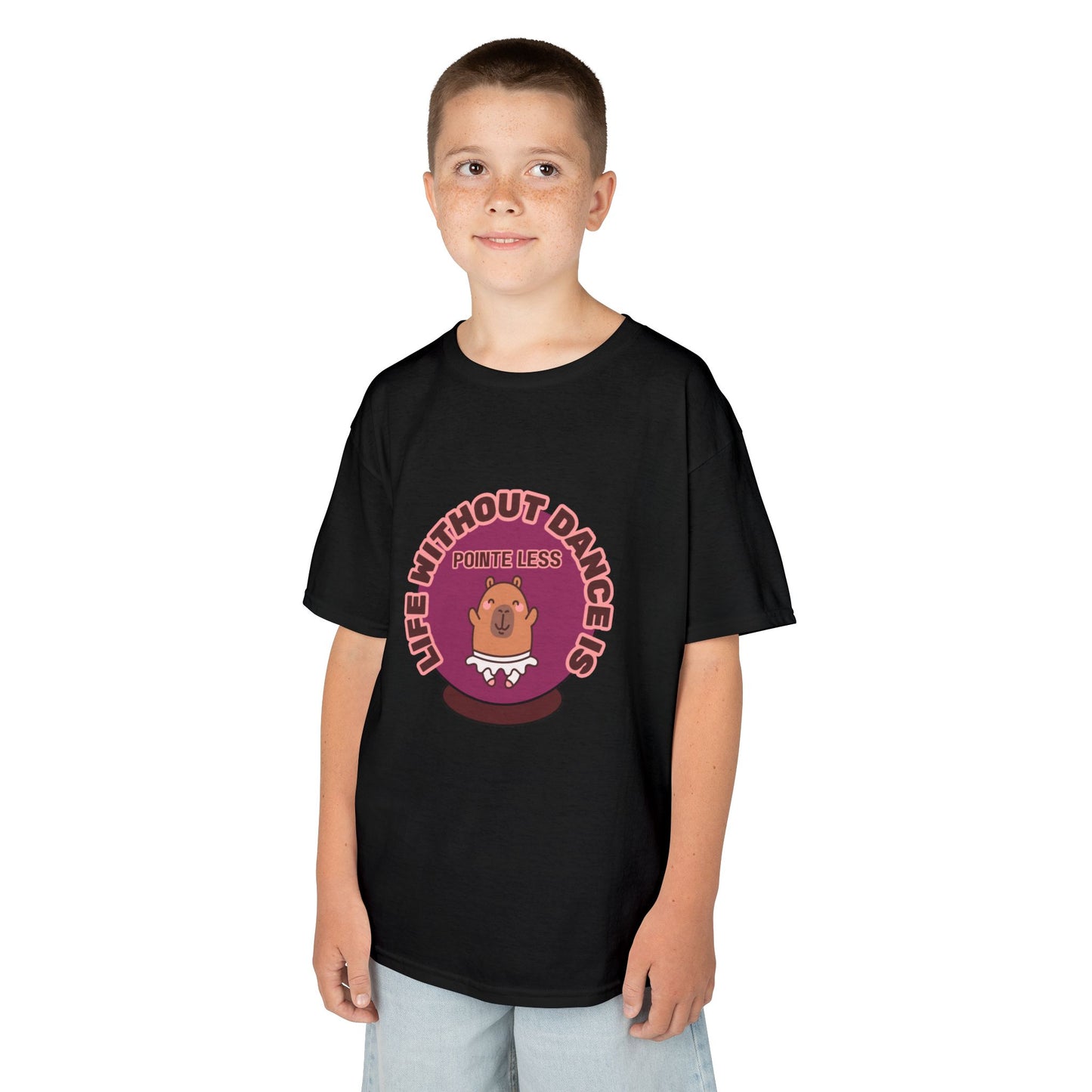 "Life Without Dance Is Pointeless" Youth Dance T-Shirt – Cute Capybara Ballerina Graphic Tee for Kids