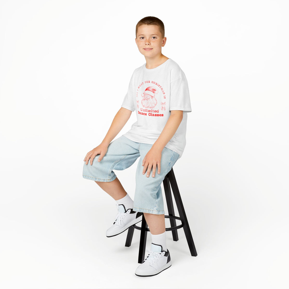 “All I Want for Christmas Is Unlimited Dance Classes” YOUTH TEE Short Sleeve with Vintage Santa – Festive Holiday Dance Tee for Dancers & Studios