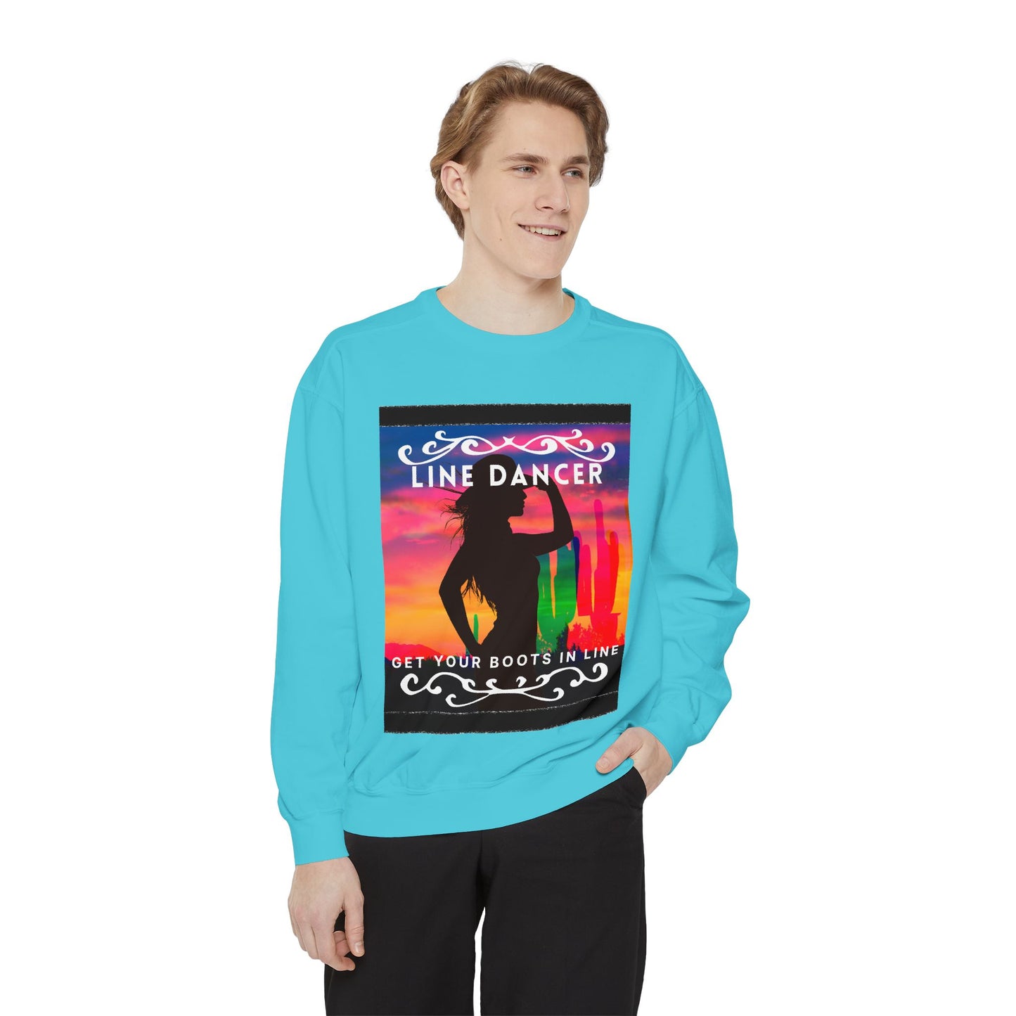 "Line Dancer, Get Your Boots in Line" Unisex Lightweight Crewneck Sweatshirt – Western Dance Graphic Pullover for Country Music & Boot Scootin’ Fans