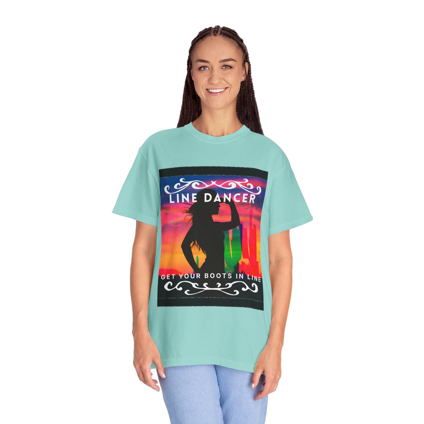 "Line Dancer" Unisex Garment-Dyed T-Shirt – Western Country Dance Graphic Tee – 'Get Your Boots in Line' Cowboy-Inspired Shirt