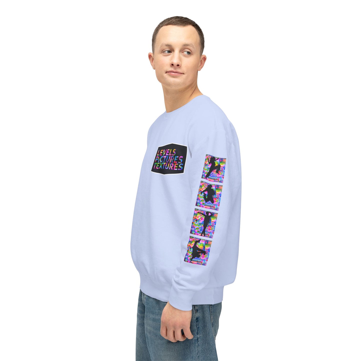 Levels Premium Collection Dance Crewneck Sweatshirt – Vibrant Unisex Streetwear Pullover with "Levels Pictures Textures" Front Text and Dancer Silhouettes on Sleeves