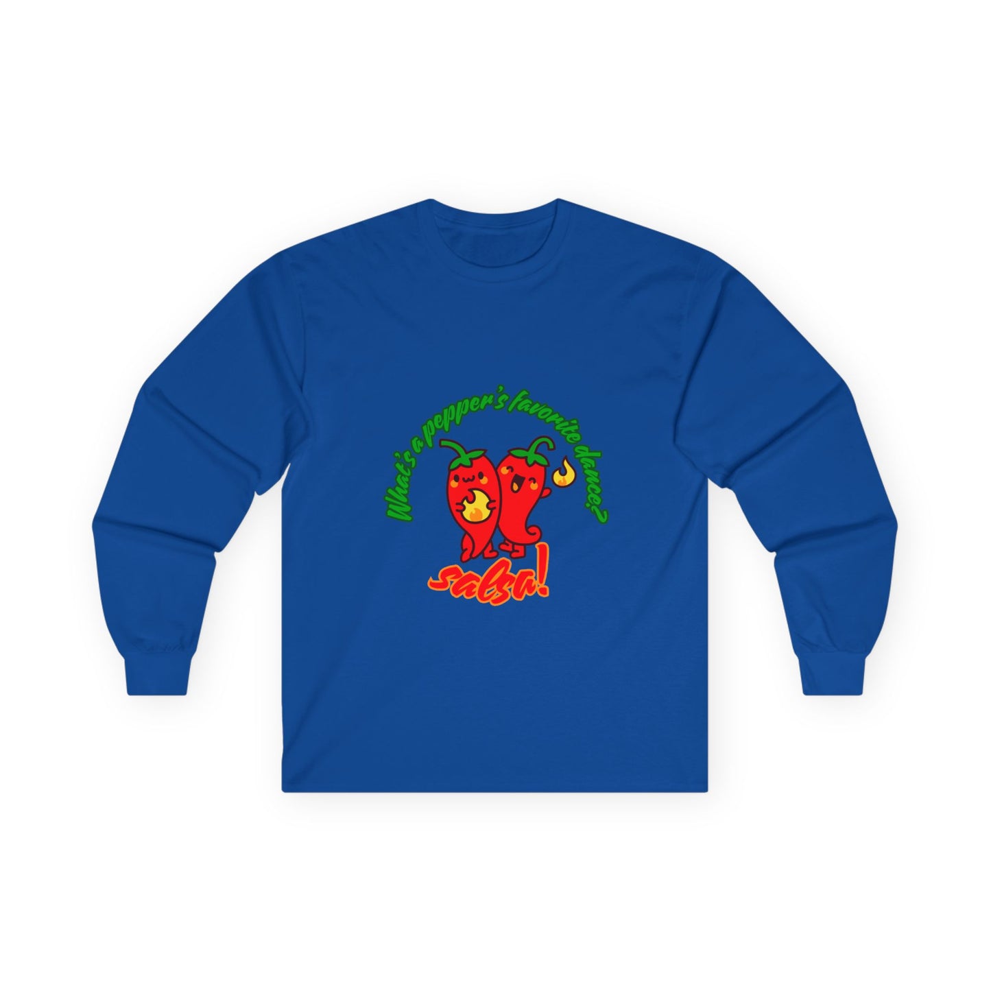 "What’s a Pepper’s Favorite Dance? Salsa!" Unisex Long Sleeve Tee – Funny Dance Pun Shirt with Cute Pepper Graphic for Dancers & Food Lovers