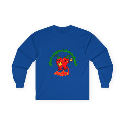"What’s a Pepper’s Favorite Dance? Salsa!" Unisex Long Sleeve Tee – Funny Dance Pun Shirt with Cute Pepper Graphic for Dancers & Food Lovers