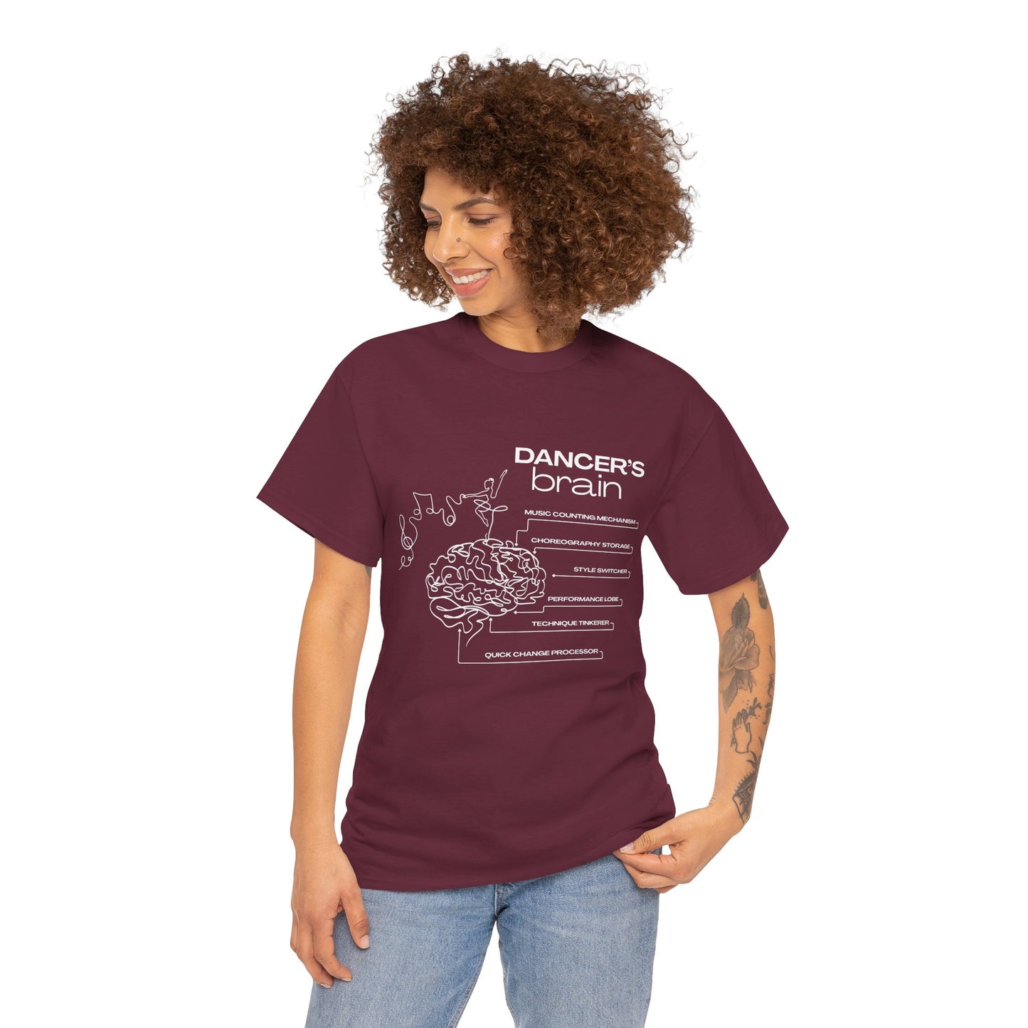 “Dancer’s Brain” Funny Dance Anatomy T-Shirt – Unisex Heavy Cotton Tee with Cute Dancer Brain Diagram and Optional Back Personalization
