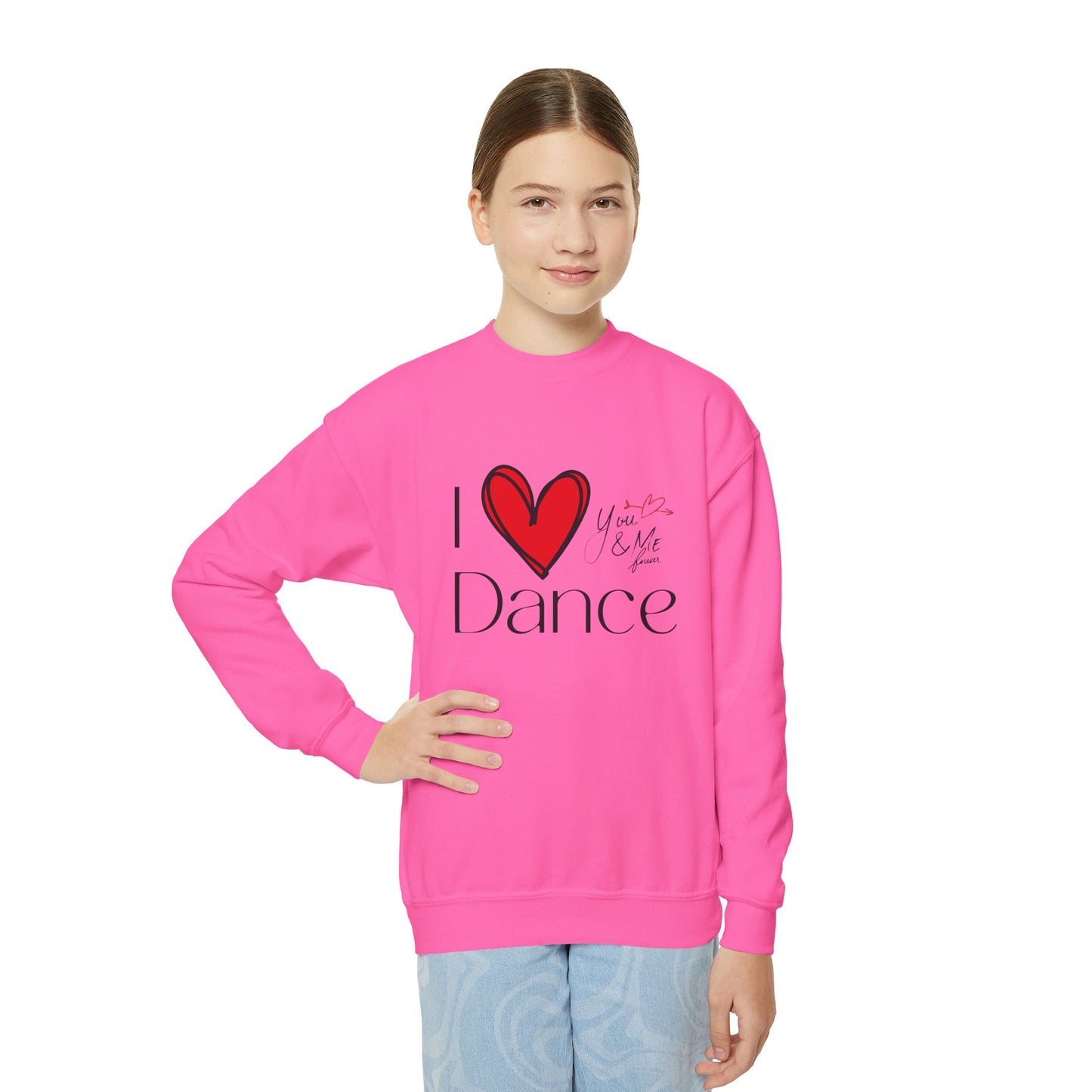 "I Love Dance" Youth Crewneck Sweatshirt – Hand-Drawn Heart & Note Graphic Dance Lover Pullover