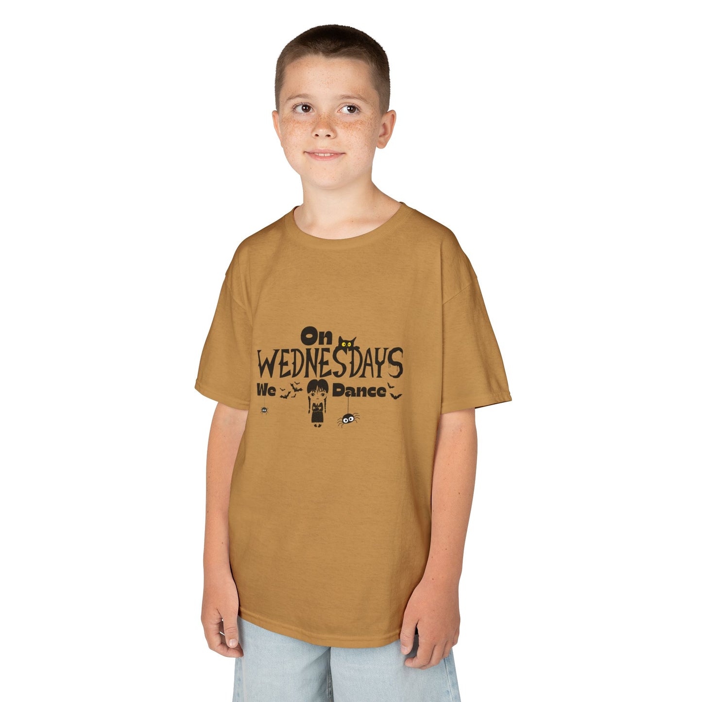 “On Wednesdays We Dance” Gothic Halloween T-Shirt with Cute Girl, Black Cat, Spiders & Bats - Kids Heavy Cotton™ Tee