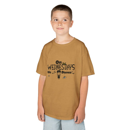 “On Wednesdays We Dance” Gothic Halloween T-Shirt with Cute Girl, Black Cat, Spiders & Bats - Kids Heavy Cotton™ Tee