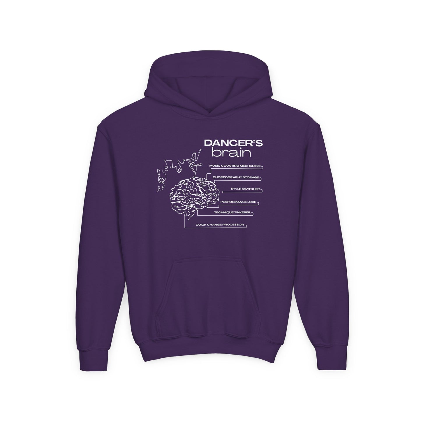 “Dancer’s Brain” Unisex Youth Hoodie with Funny Dance Brain Graphic – Personalized Dance Hoodie for Kids & Teens, Custom Name or Studio Option