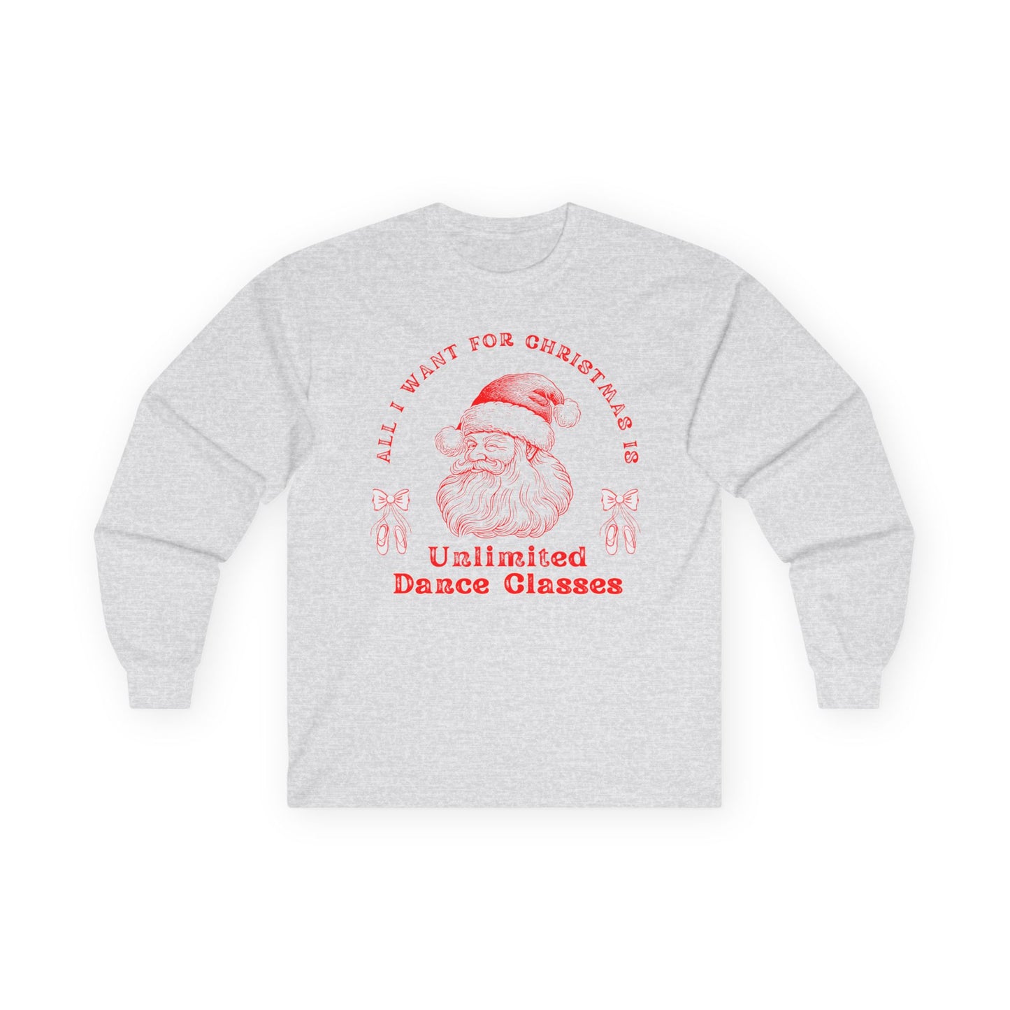 “All I Want for Christmas Is Unlimited Dance Classes” ADULT TEE Unisex Long Sleeve with Vintage Santa – Festive Holiday Dance Tee for Dancers & Studios
