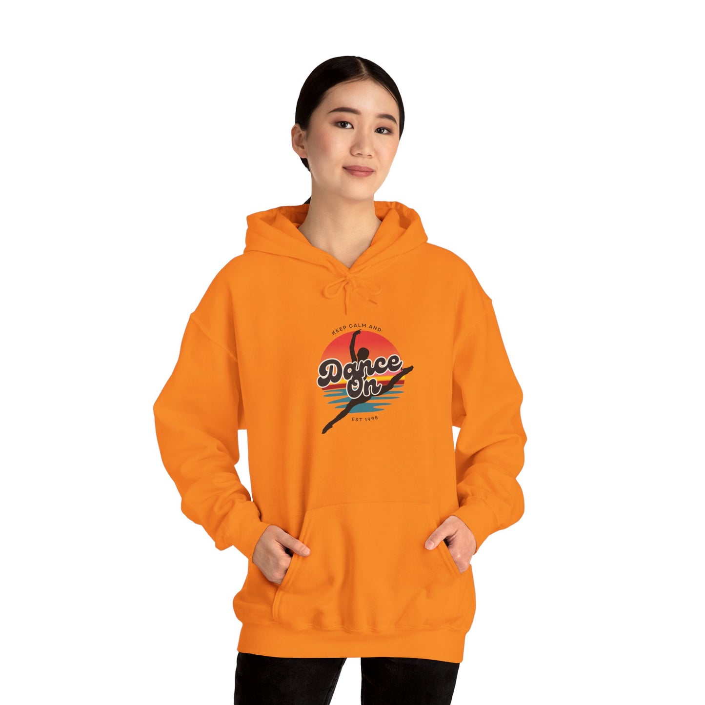 “Keep Calm and Dance On” Retro Hoodie – Unisex Dance-Inspired Hooded Sweatshirt for Dancers & Movement Lovers