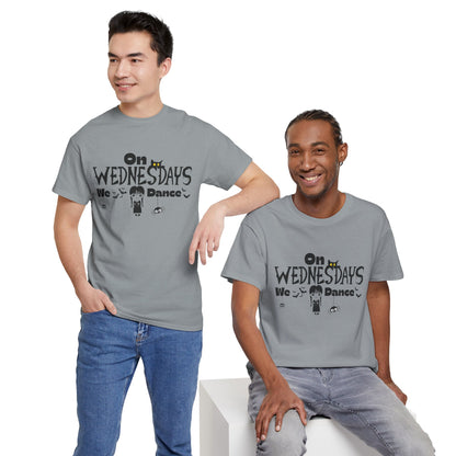 “On Wednesdays We Dance” Gothic Halloween T-Shirt with Cute Girl, Black Cat, Spiders & Bats - Unisex Heavy Cotton Tee