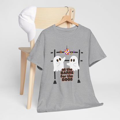 “At the Barre for the Boos” Dance Halloween T-Shirt with Cute Ghost Ballet Graphics - Unisex Heavy Cotton Tee