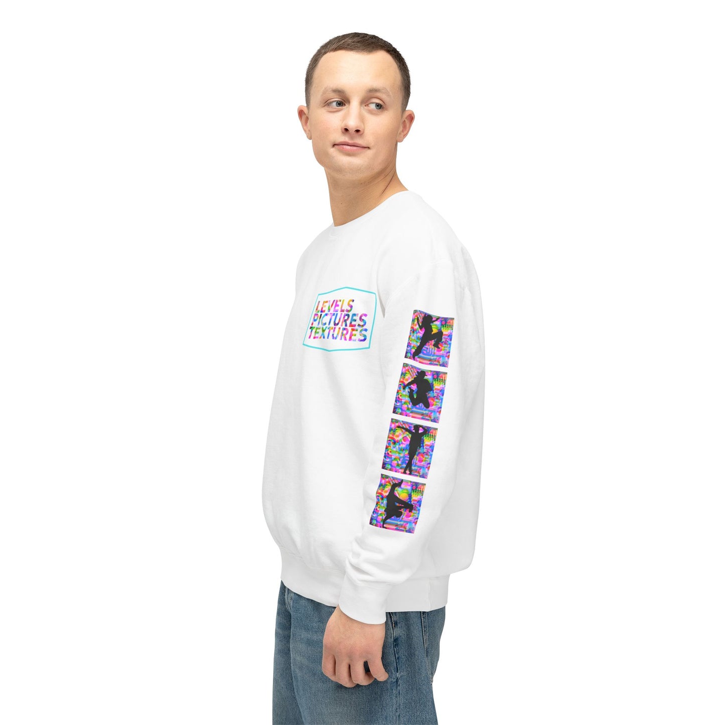 Levels Premium Collection Dance Crewneck Sweatshirt – Vibrant Unisex Streetwear Pullover with "Levels Pictures Textures" Front Text and Dancer Silhouettes on Sleeves