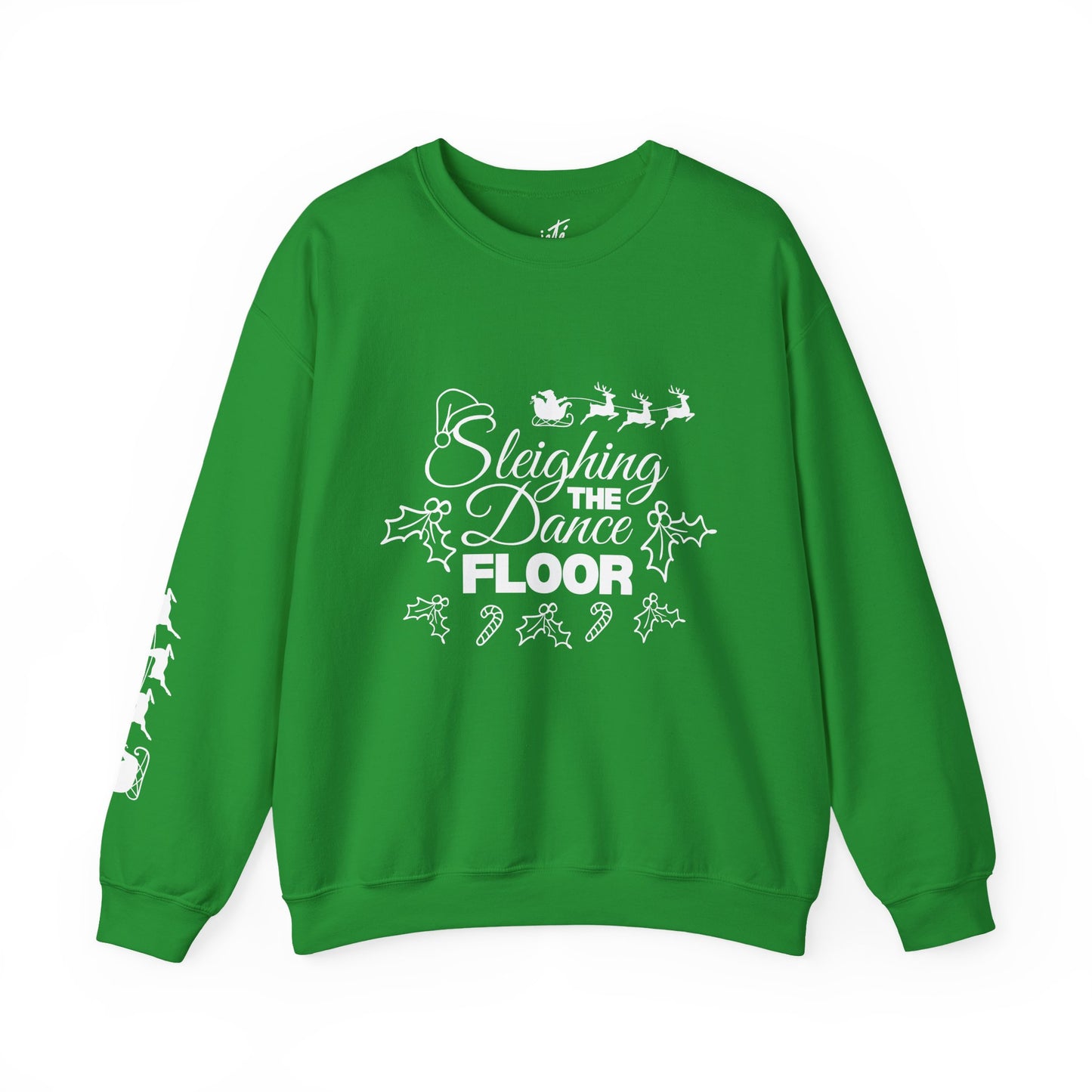 “Sleighing the Dance Floor” ADULT SWEATSHIRT Unisex Heavy Blend Crewneck – Festive Christmas Dance Sweatshirt with Santa’s Sleigh & Reindeer Arm Design, Perfect for Dancers & Studios