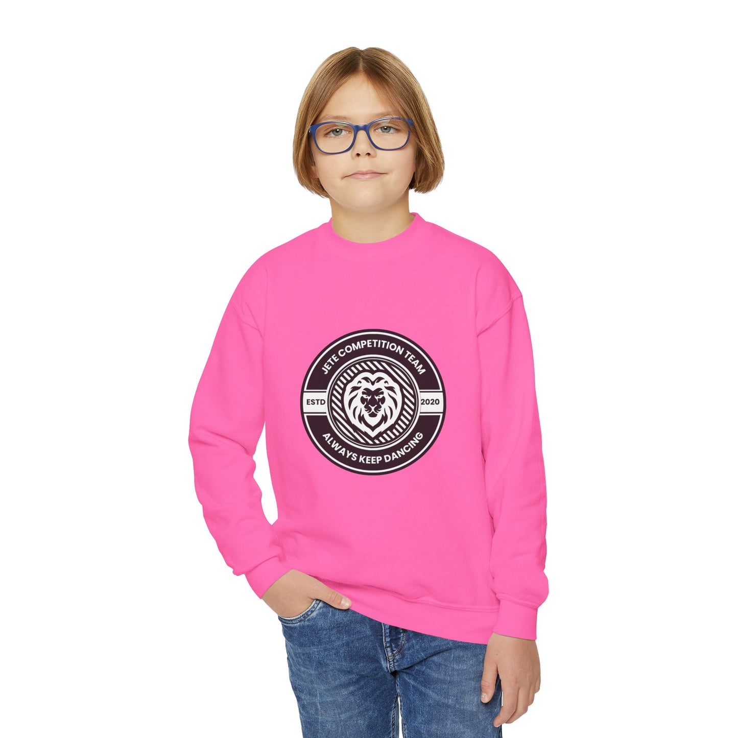 "Jeté Competition Team - Always Keep Dancing" Youth Crewneck Sweatshirt – Bold Collegiate-Inspired Dance Graphic Pullover for Kids and Teens
