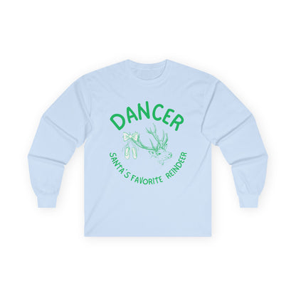 “Dancer, Santa’s Favorite Reindeer” ADULT TEE Unisex Long Sleeve with Vintage Reindeer Graphic – Festive Christmas Dance Tee for Dancers & Holiday Events