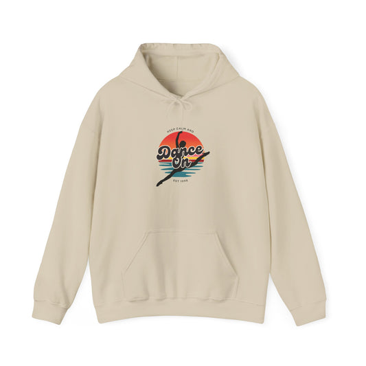 “Keep Calm and Dance On” Retro Hoodie – Unisex Dance-Inspired Hooded Sweatshirt for Dancers & Movement Lovers