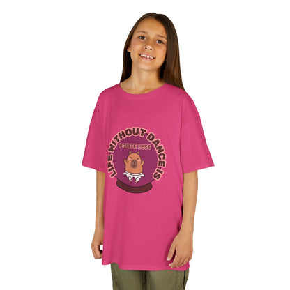 "Life Without Dance Is Pointeless" Youth Dance T-Shirt – Cute Capybara Ballerina Graphic Tee for Kids