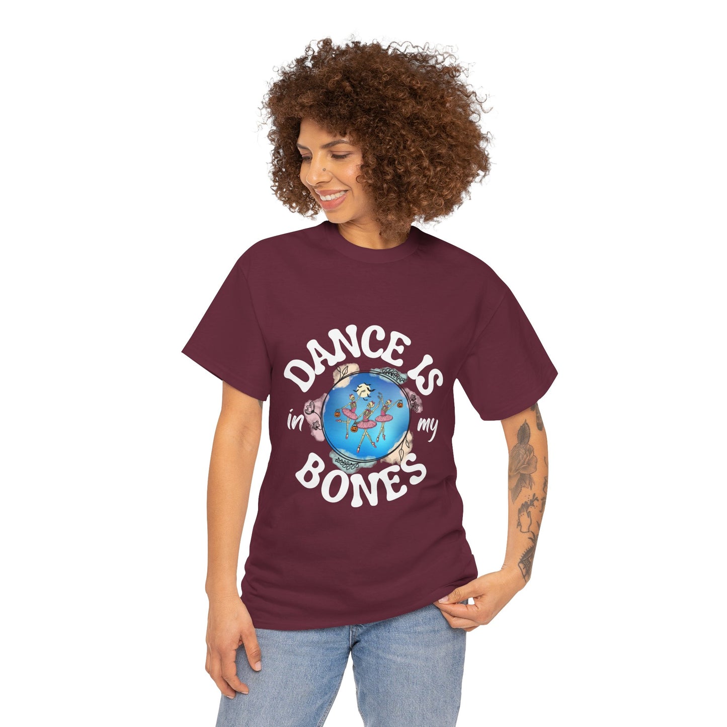 “Dance Is in My Bones” Halloween Dance T-Shirt with Dancing Skeletons Graphic - Unisex Heavy Cotton Tee
