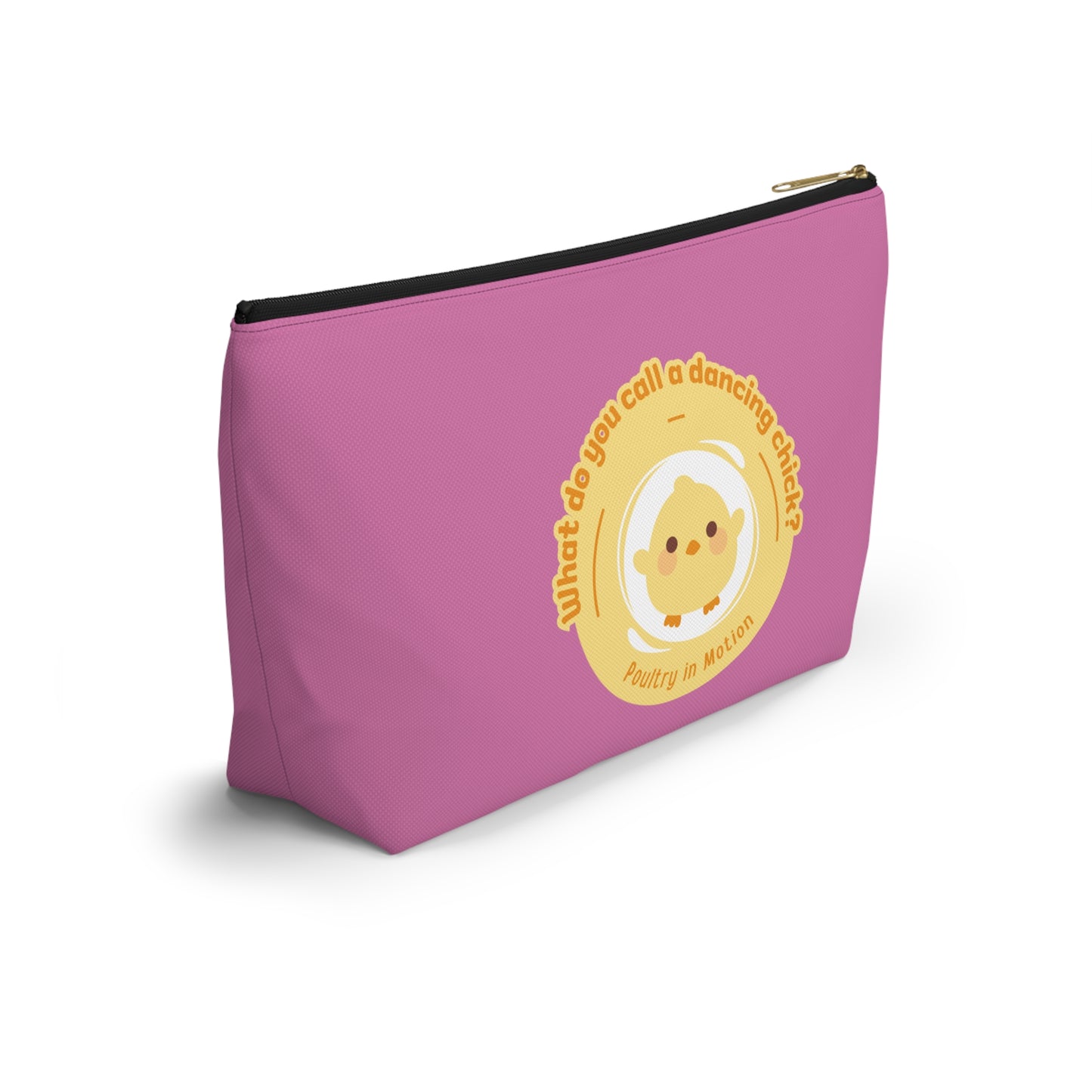 "What do you call a dancing chick? Poultry in Motion." Makeup Bag – Funny Dancing Chick Pun with Cute Chicken Graphic – Dance-Themed Zipper Pouch for Cosmetics, Accessories & Gifts