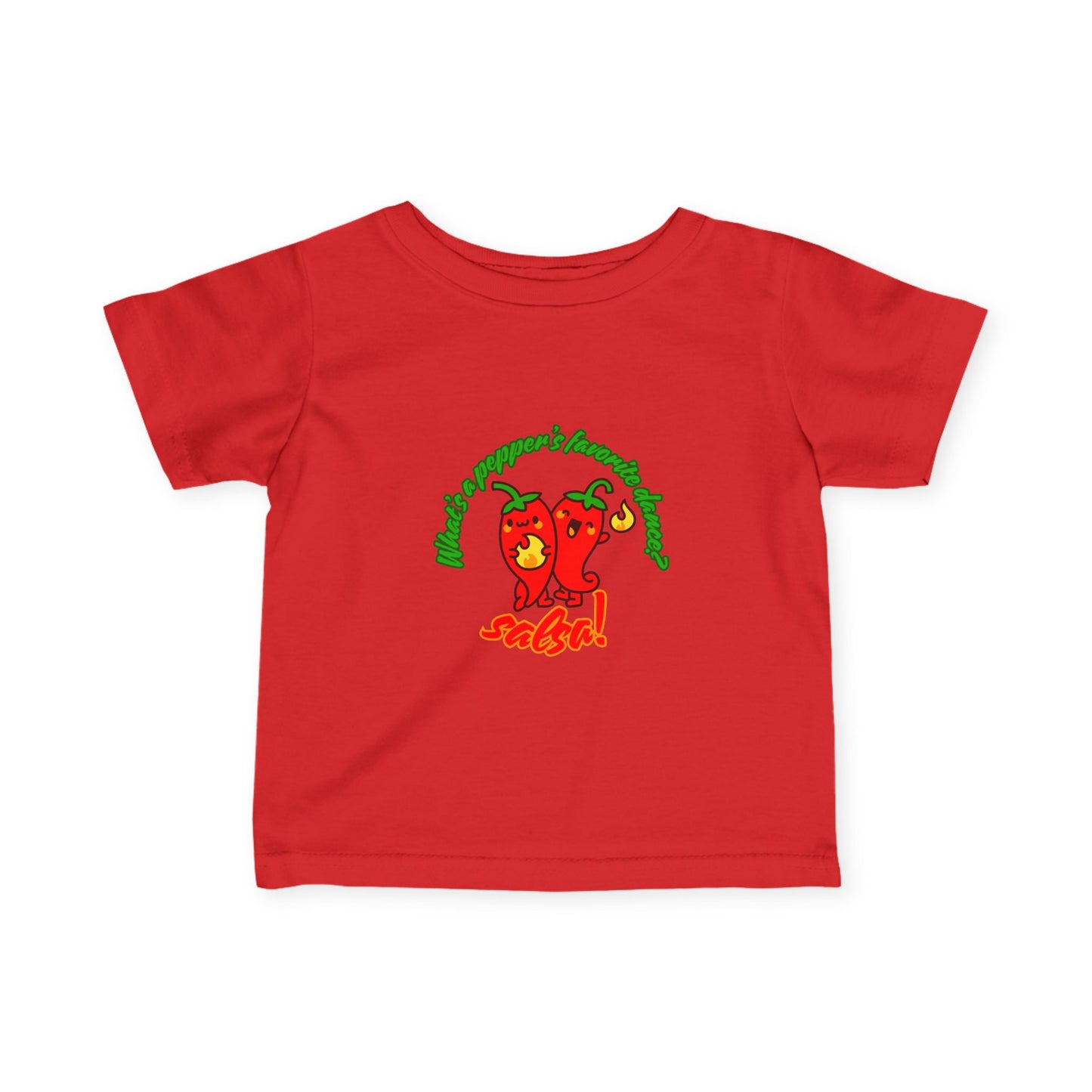 "What's a Pepper's Favorite Dance? Salsa!" Cute Dance-Themed Infant Fine Jersey Tee with Spicy Pepper Graphic – Funny Baby T-Shirt for Little Movers
