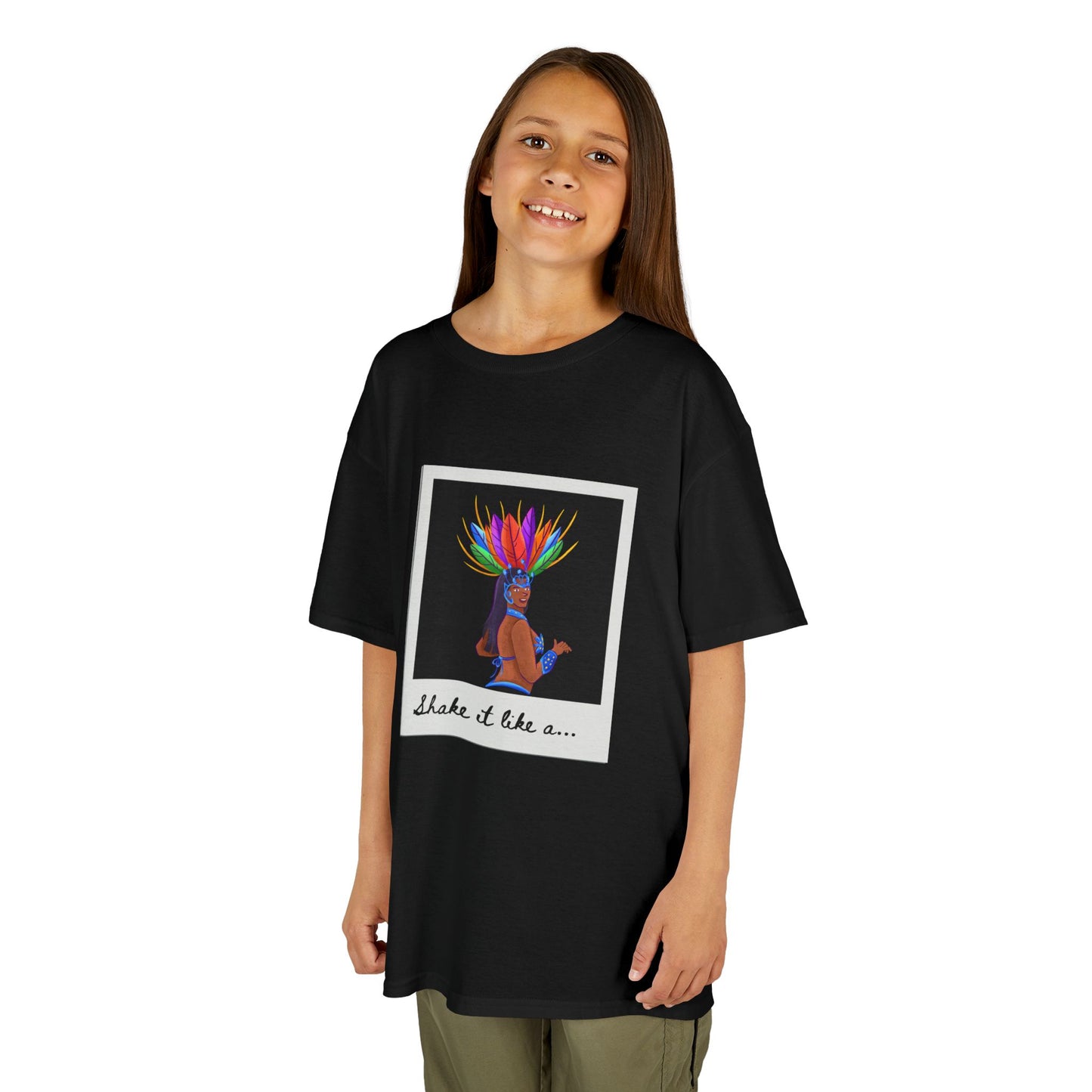 "Shake It Like a..." Youth Short Sleeve Tee – Carnival-Inspired Samba Dancer Graphic Dance Shirt for Kids