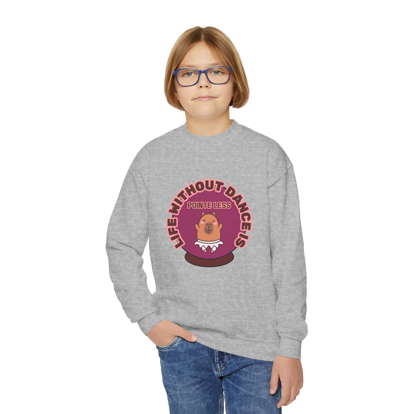 "Life Without Dance Is Pointeless" – Cute Dancing Capybara Youth Crewneck Sweatshirt | Funny Animal Dance Kids Pullover