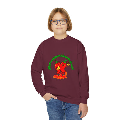 "What's a pepper's favorite dance?  Salsa!" – Funny Dance Pun Youth Crewneck Sweatshirt | Cute Pepper Graphic Kids Pullover for Dancers