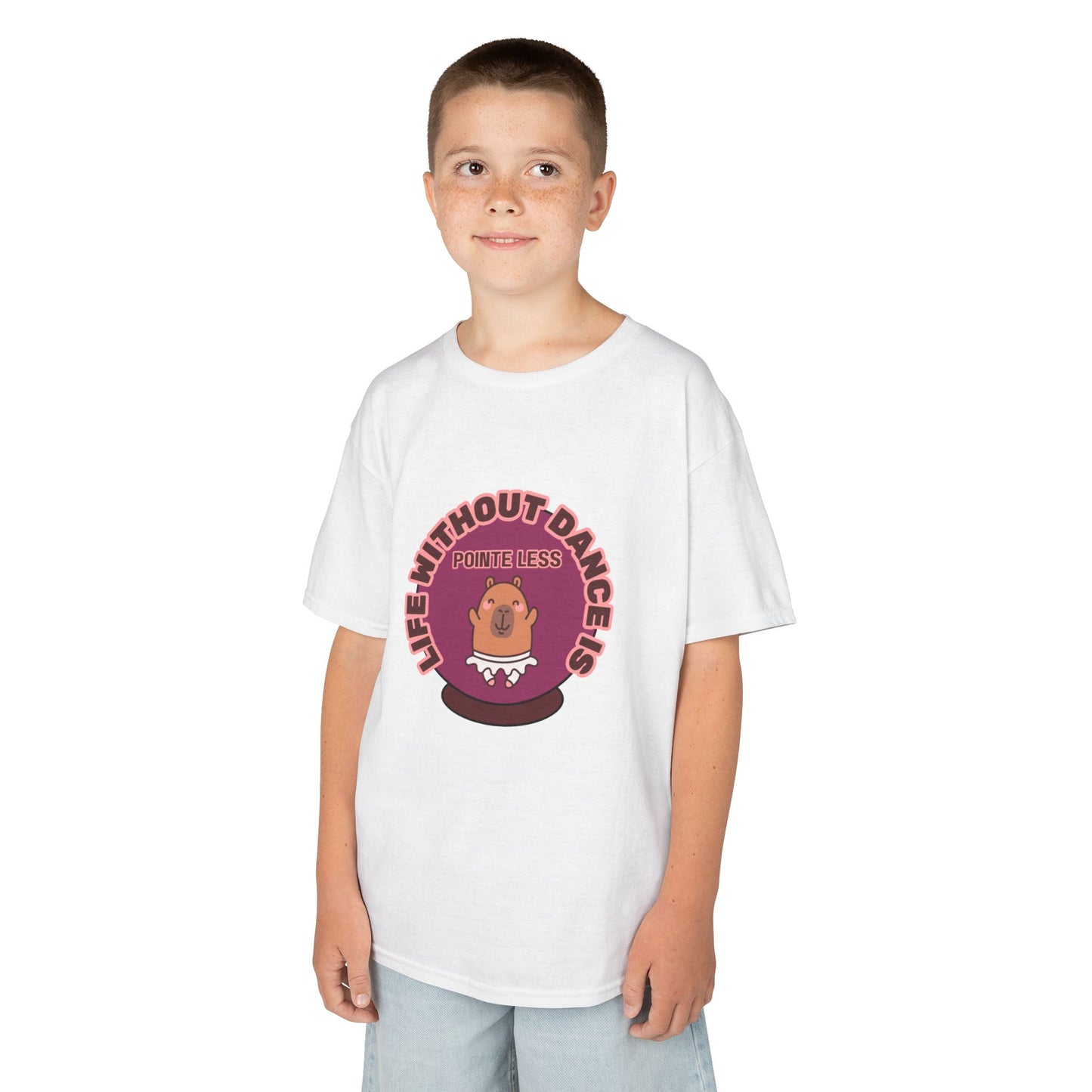 "Life Without Dance Is Pointeless" Youth Dance T-Shirt – Cute Capybara Ballerina Graphic Tee for Kids