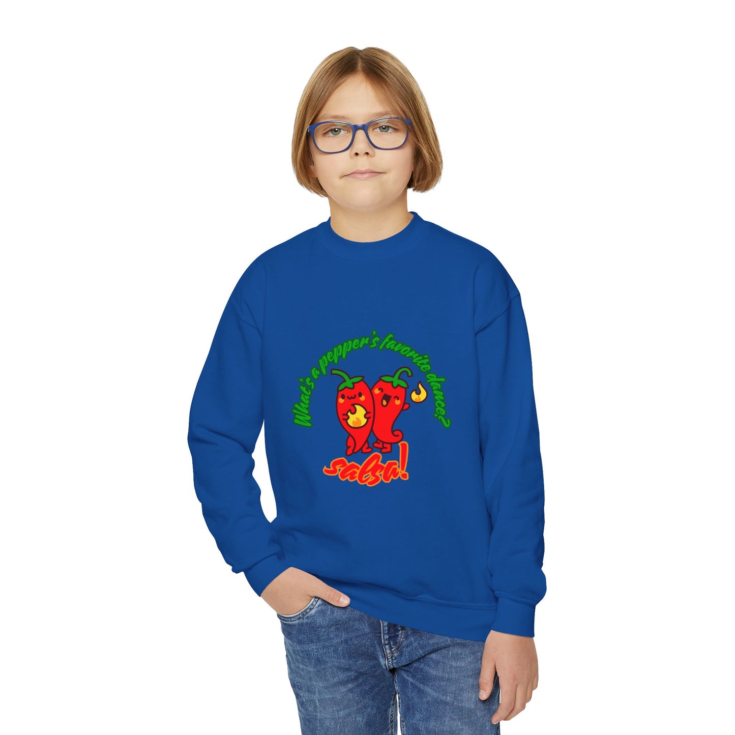 "What's a pepper's favorite dance?  Salsa!" – Funny Dance Pun Youth Crewneck Sweatshirt | Cute Pepper Graphic Kids Pullover for Dancers