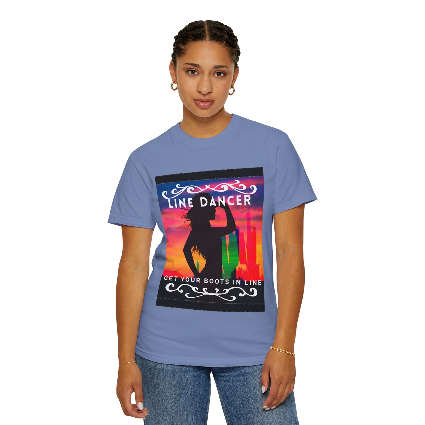 "Line Dancer" Unisex Garment-Dyed T-Shirt – Western Country Dance Graphic Tee – 'Get Your Boots in Line' Cowboy-Inspired Shirt