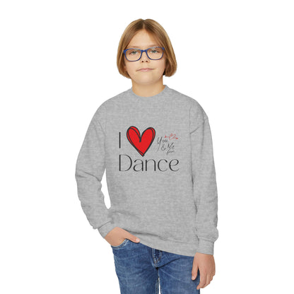 "I Love Dance" Youth Crewneck Sweatshirt – Hand-Drawn Heart & Note Graphic Dance Lover Pullover