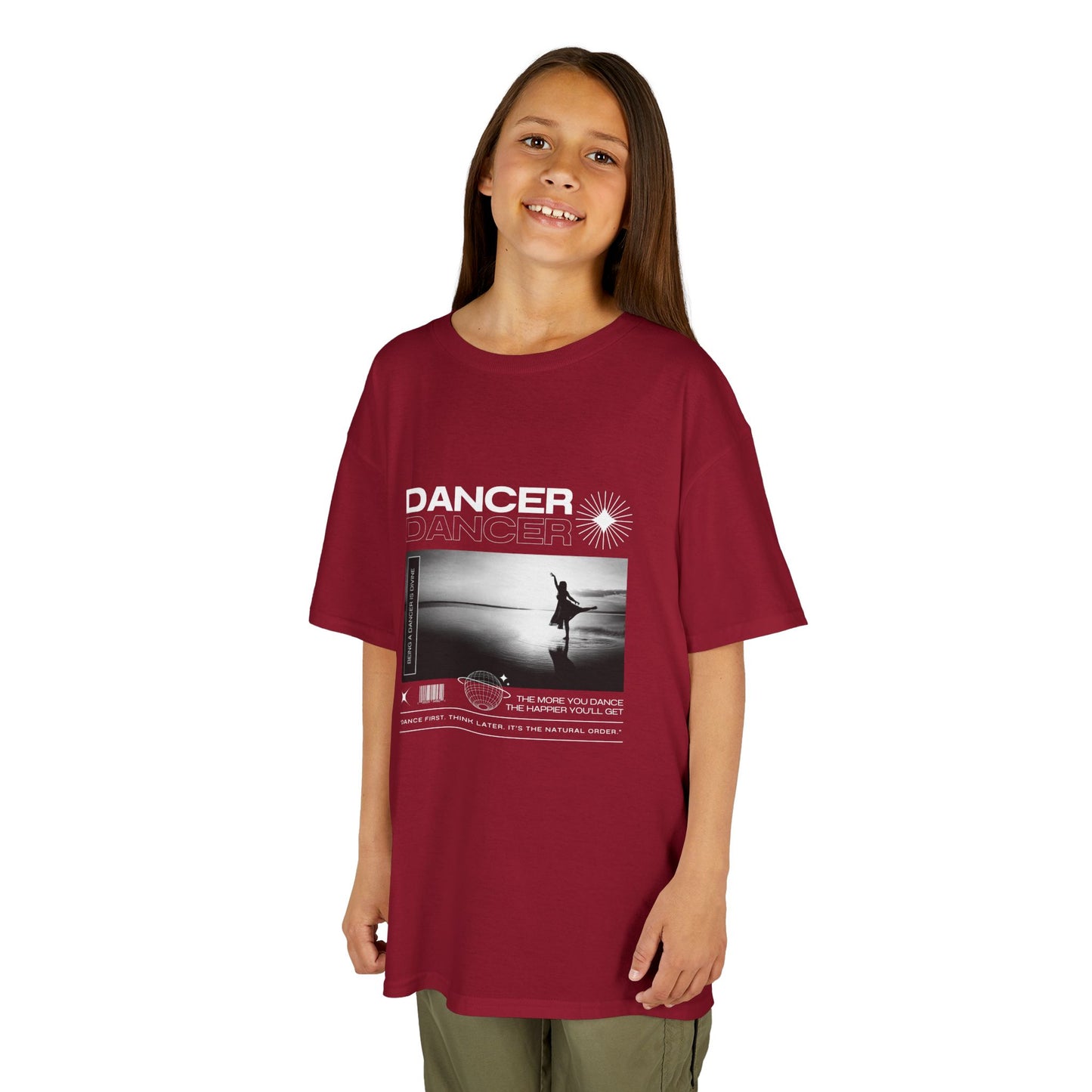 "Dancer" Arabesque on the Beach – Youth Short Sleeve Dance Tee in Streetwear-Inspired Style